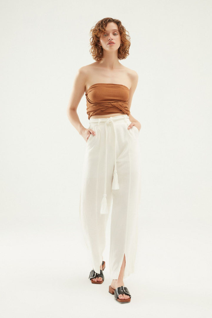 Yırtmaçlı Keten Pantolon Beyaz