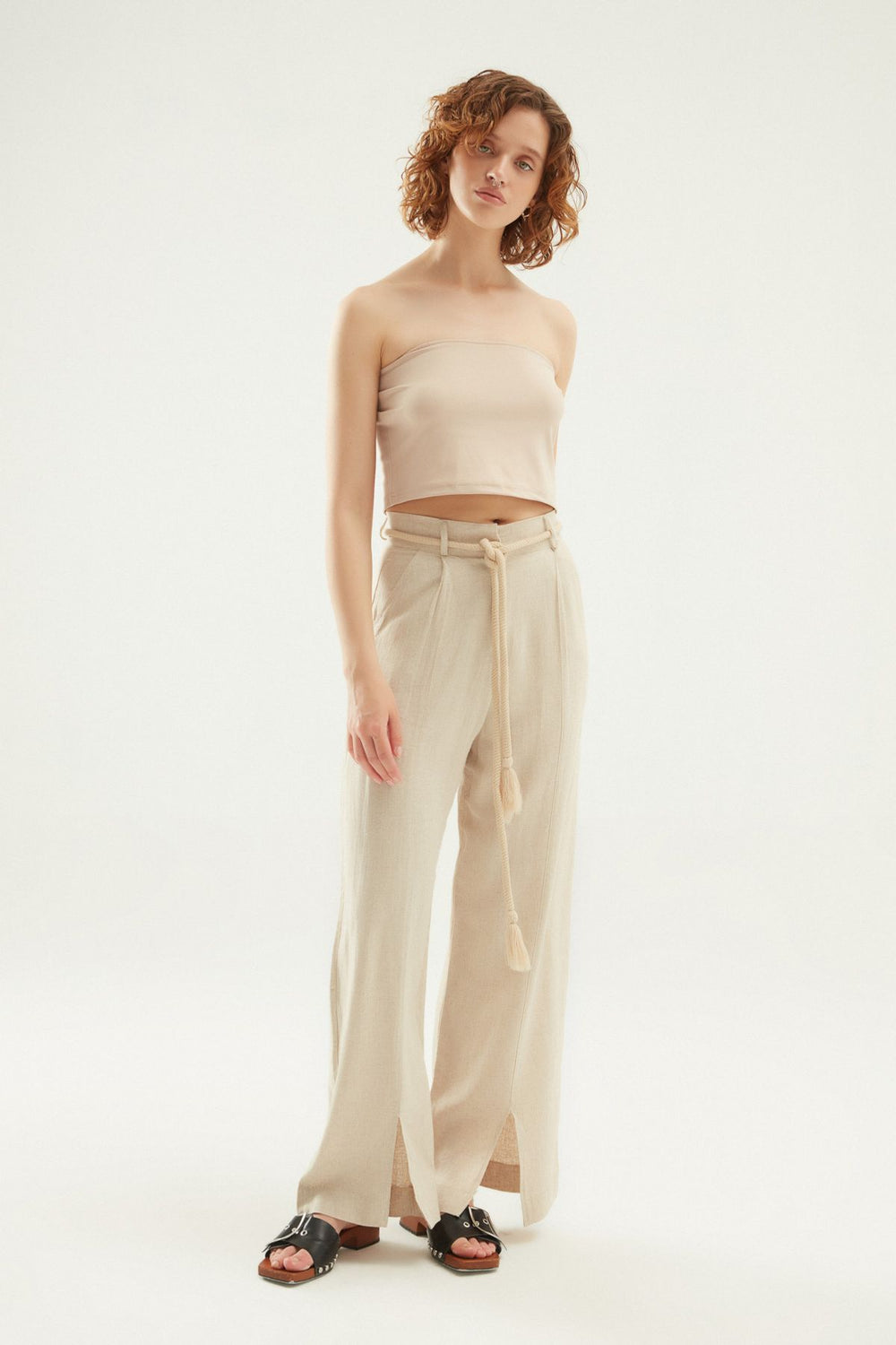 Yırtmaçlı Keten Pantolon Naturel