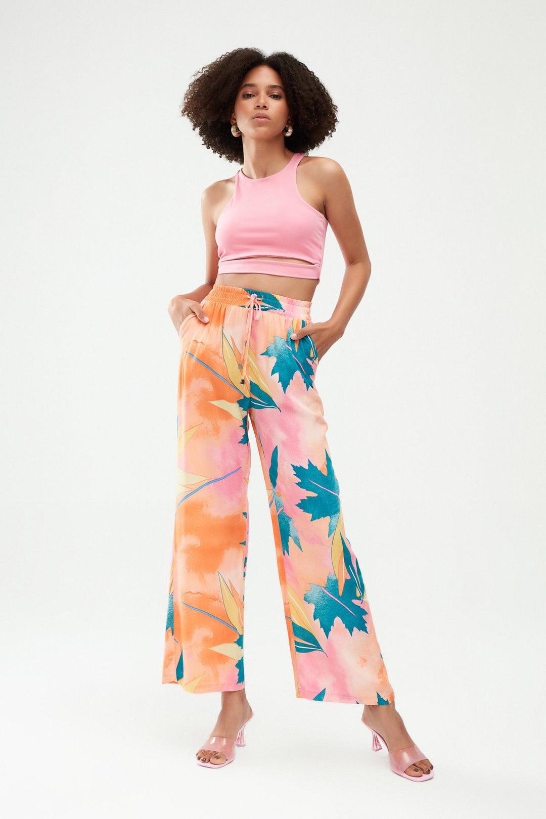 Elastic Waist Wide Leg Trousers Orange