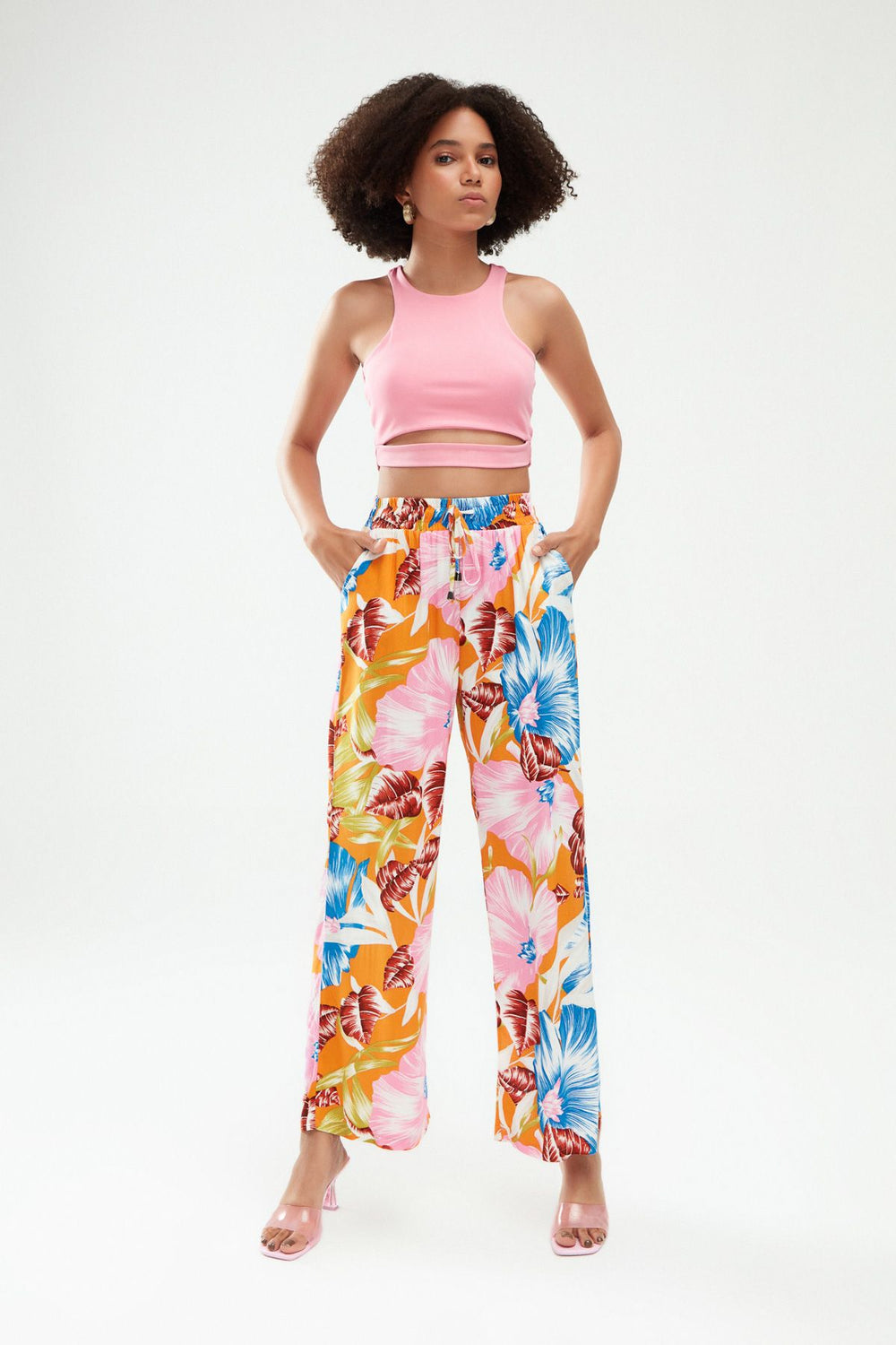 Desenli Beli Lastikli Pantolon Turuncu