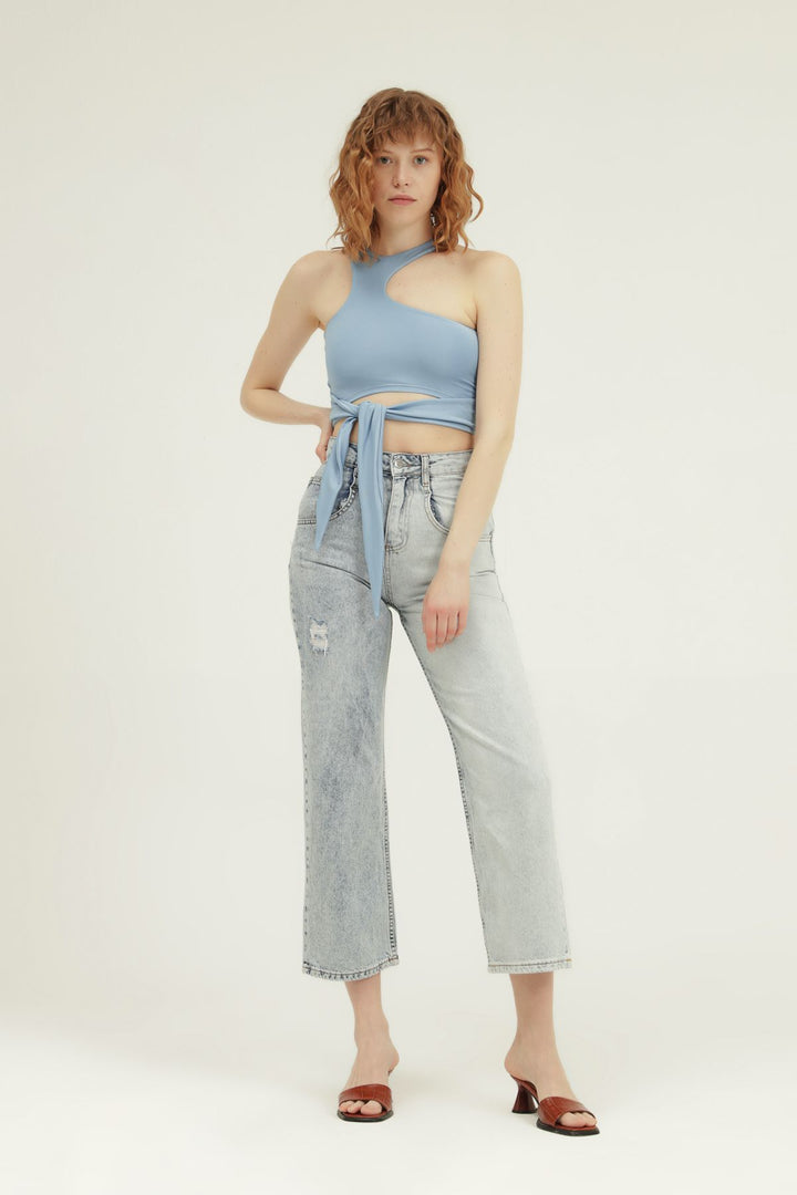 İki Renkli Bol Paça Kot Pantolon Açık Mavi