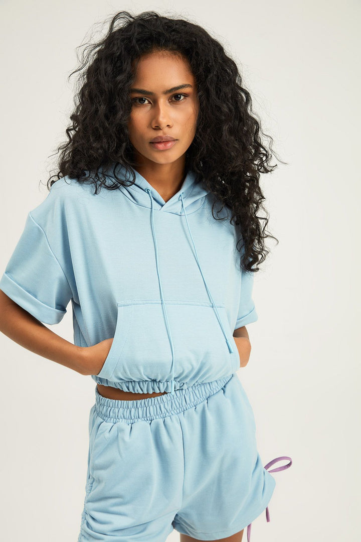 Hooded Short Sleeve Sweatshirt Baby Blue