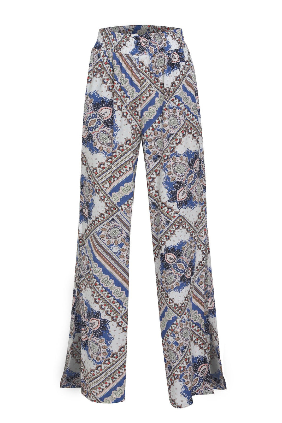 Patterned Wide Leg Waist Elastic Trousers Beige