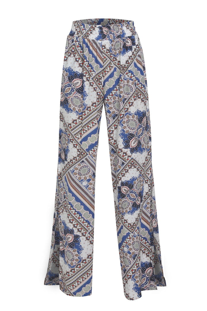 Patterned Wide Leg Waist Elastic Trousers Beige