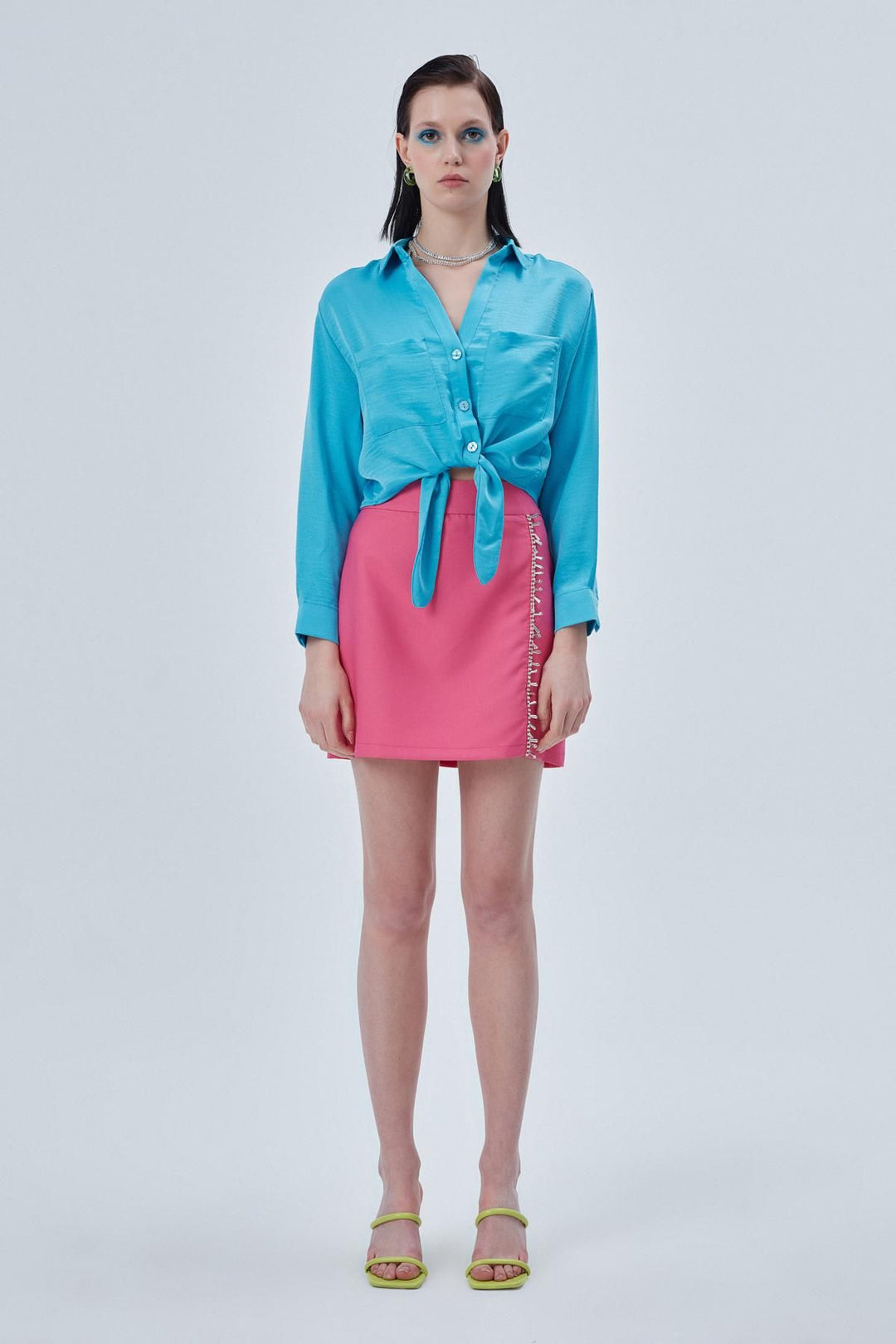 Tie Front Crop Shirt Blue