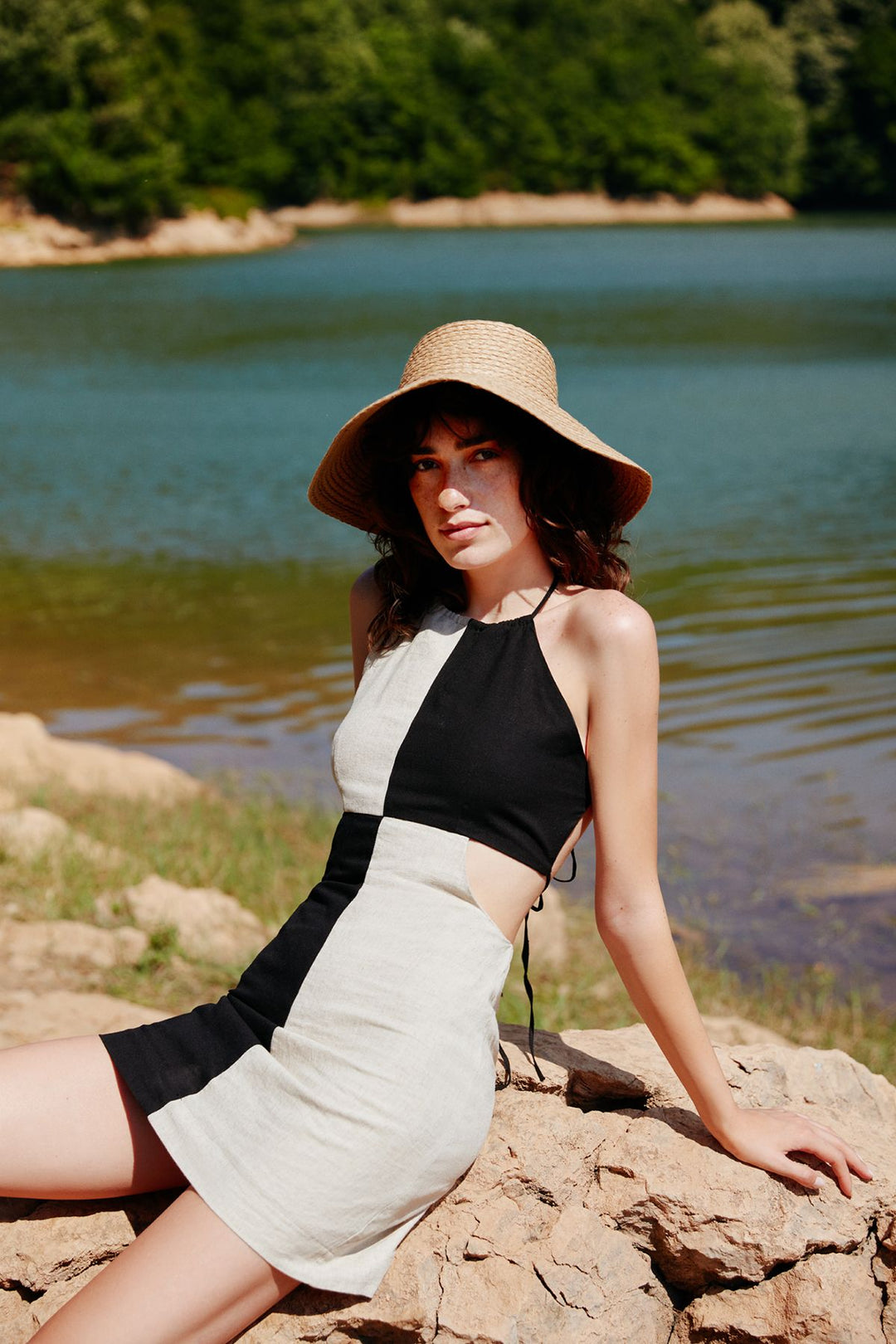 Cut Out Bloklu Keten Elbise Naturel