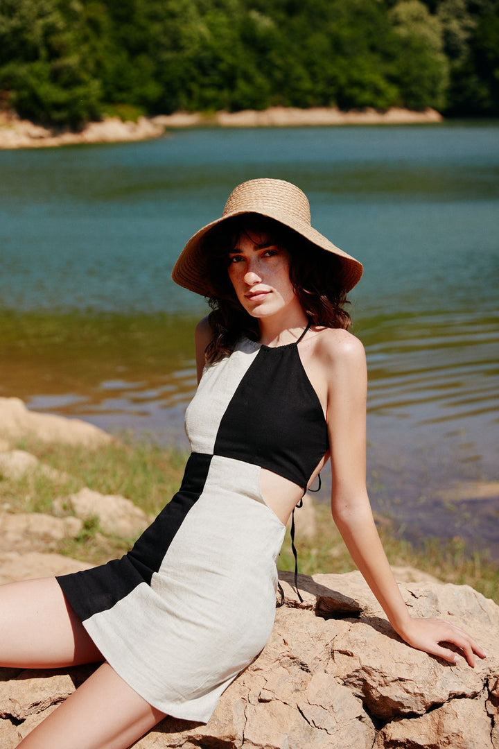 Cut Out Bloklu Keten Elbise Naturel