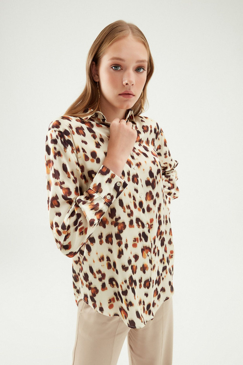 Leopard Patterned Satin Shirt Brown