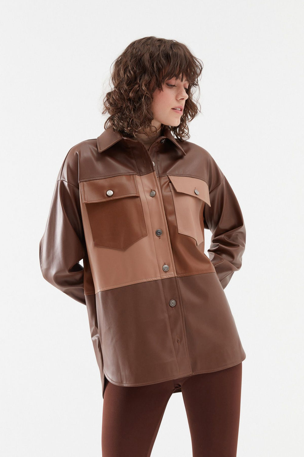 Bloklu Deri Gömlek Koyu Kahve