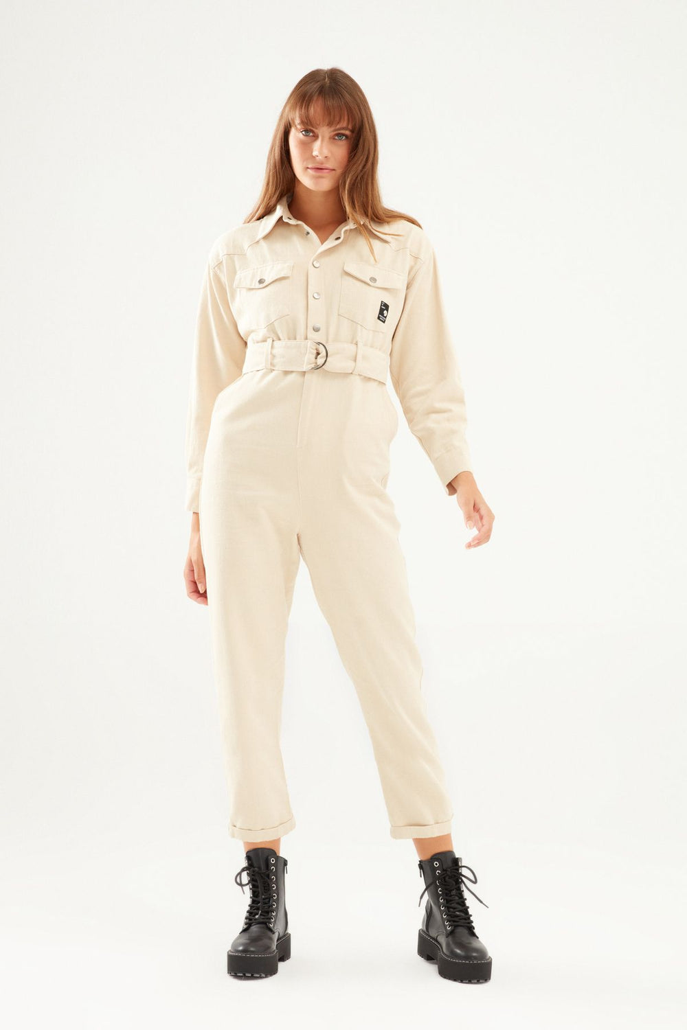 Back Printed Gabardine Jumpsuit Stone