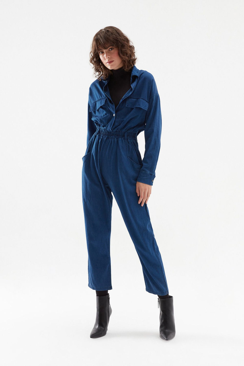 Belted Shirt Collar Jumpsuit Indigo