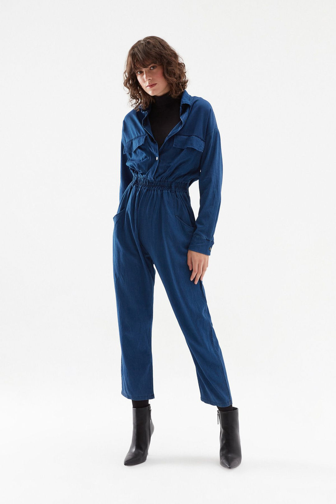 Belted Shirt Collar Jumpsuit Indigo