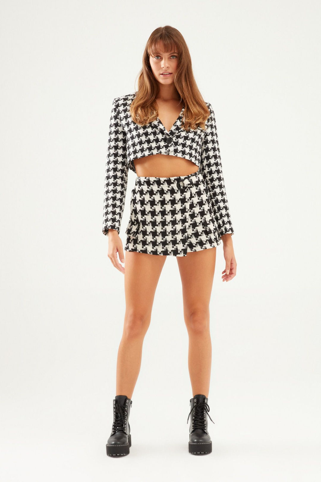 Checkered Tweed Short Skirt Black