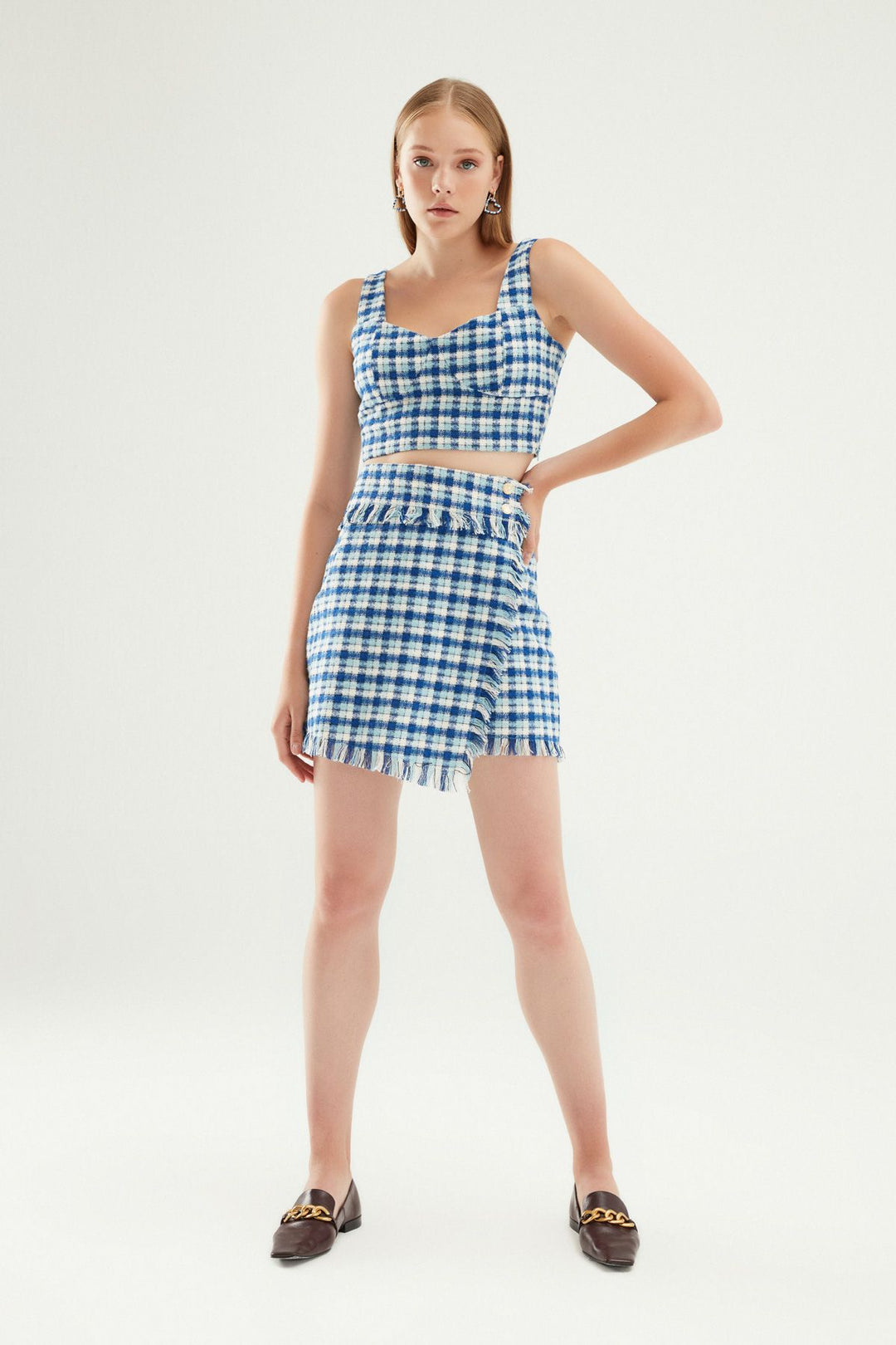 Wrapped Striped Tweed Shorts Skirt Blue