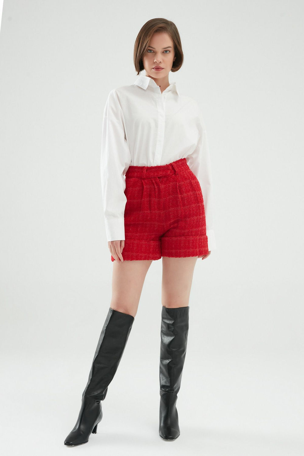 Duble Paça Tüvit Şort Kırmızı