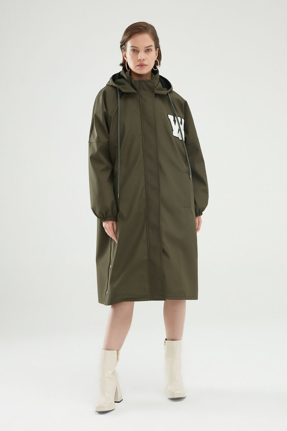 Kapüşonlu Oversize Trençkot Haki