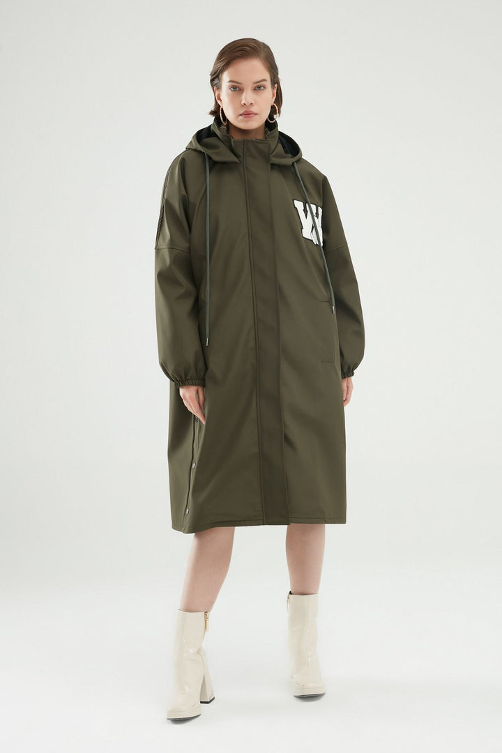 Kapüşonlu Oversize Trençkot Haki