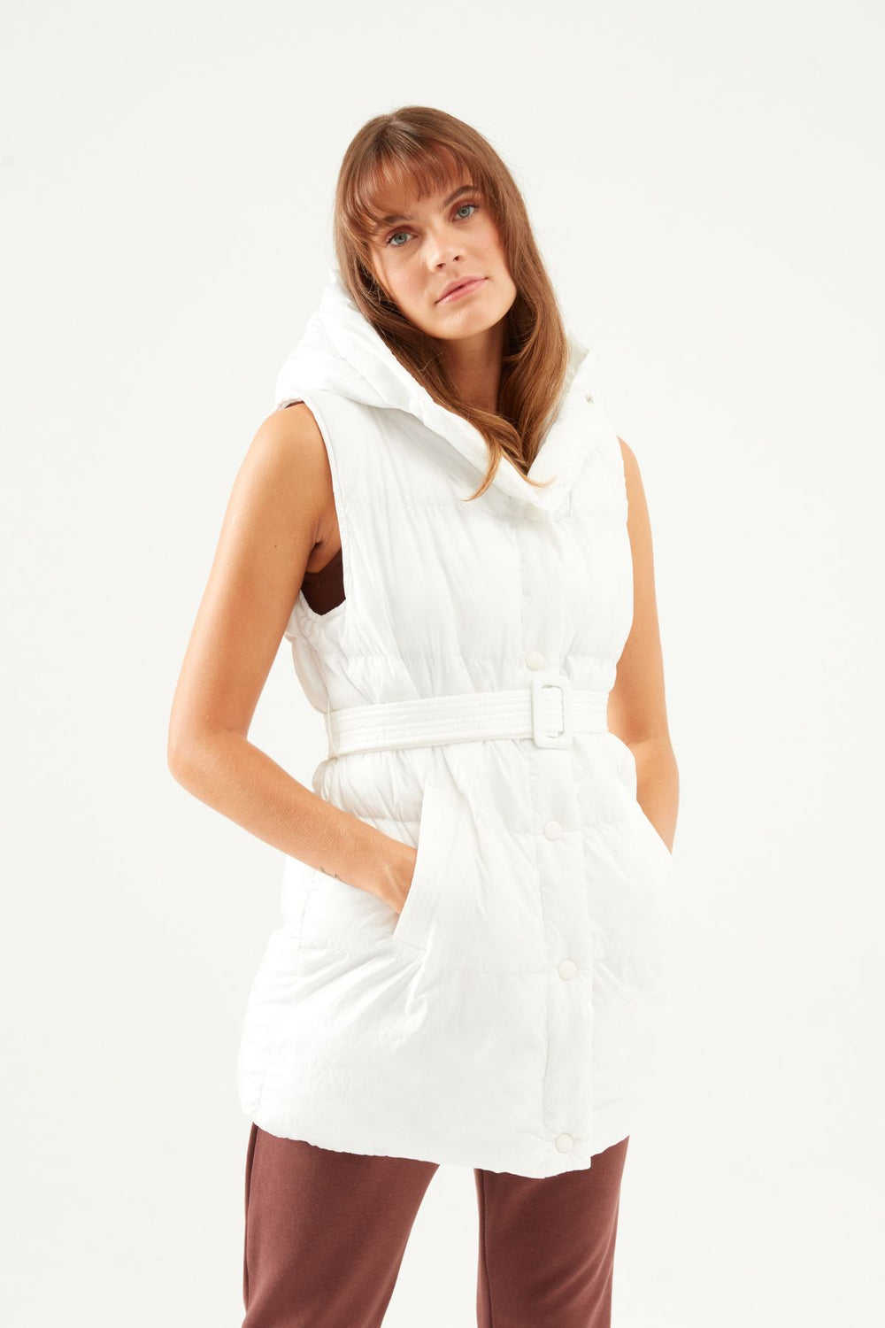 Hooded Belt Inflatable Vest Ecru