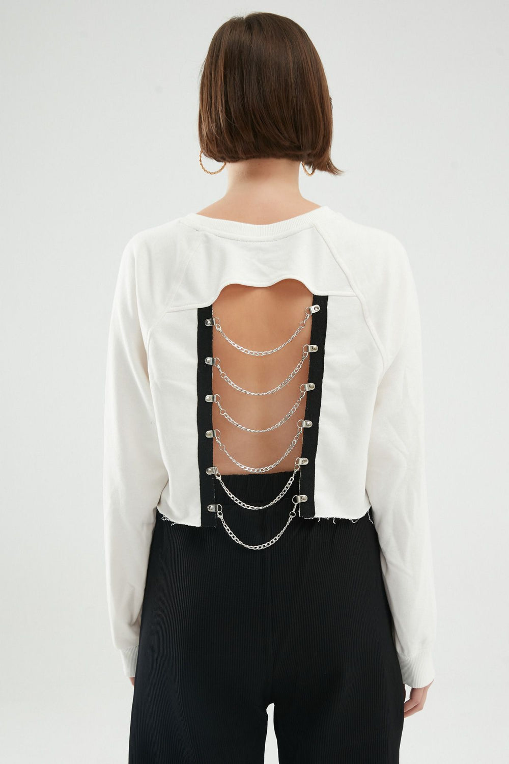 Baskılı Zincir Detaylı Sweatshirt Beyaz