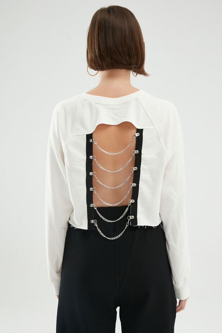 Baskılı Zincir Detaylı Sweatshirt Beyaz