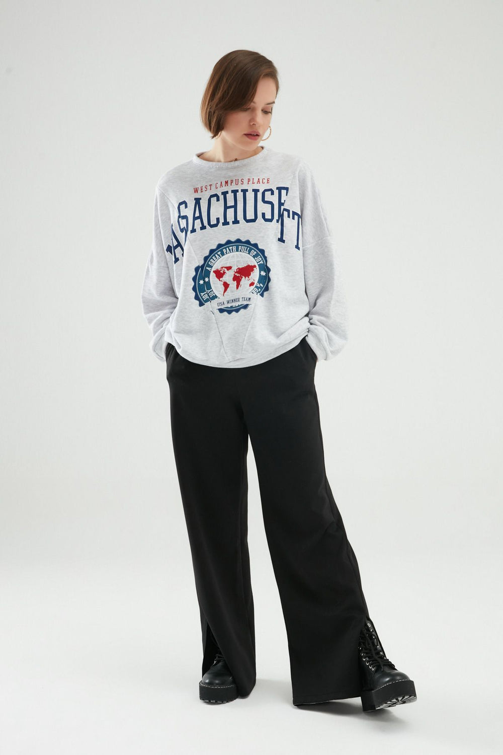 Baskılı Oversize Sweatshirt Açık Gri