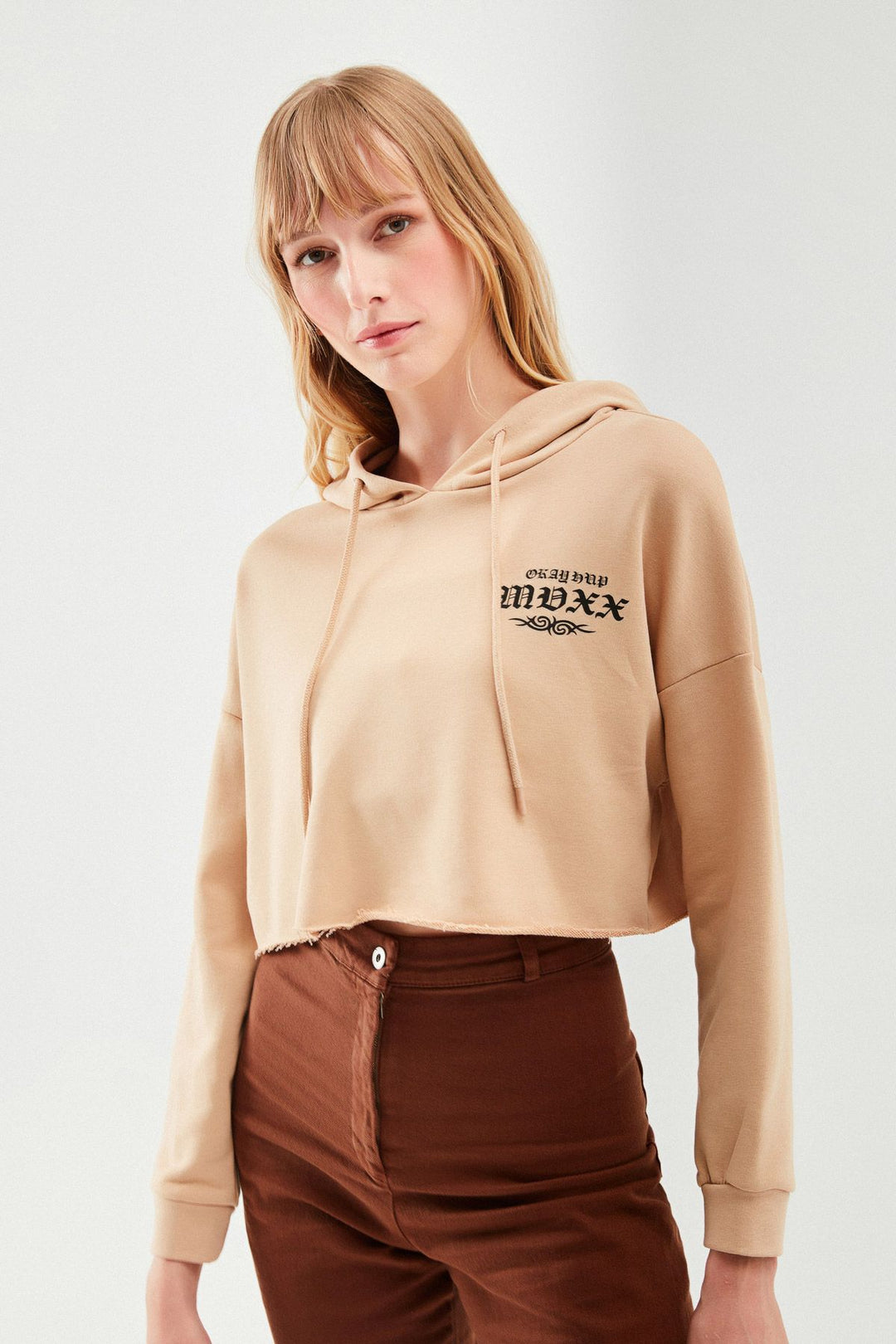 Baskılı Crop Sweatshirt Bej