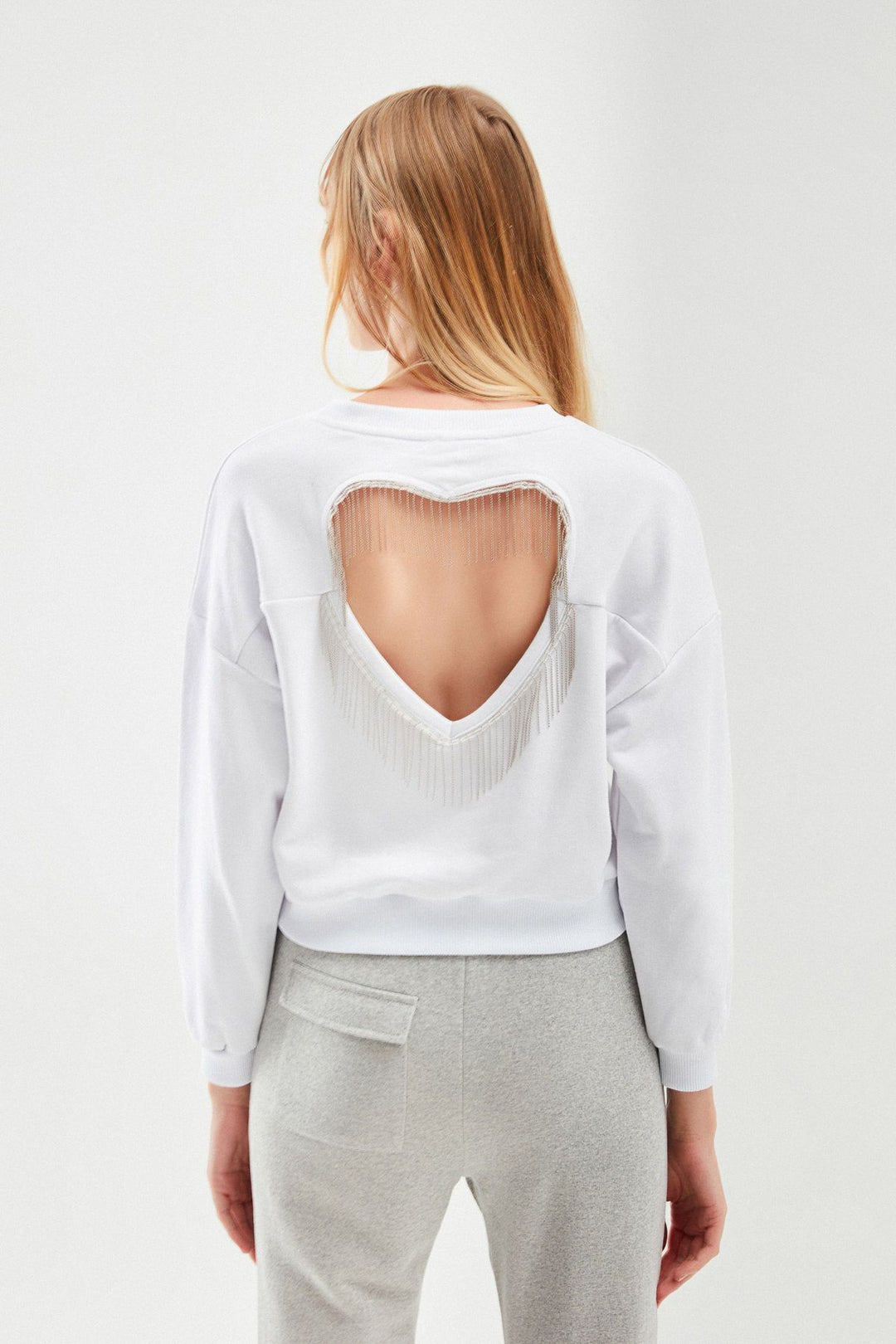 Kalp Dekolteli Sweatshirt Beyaz