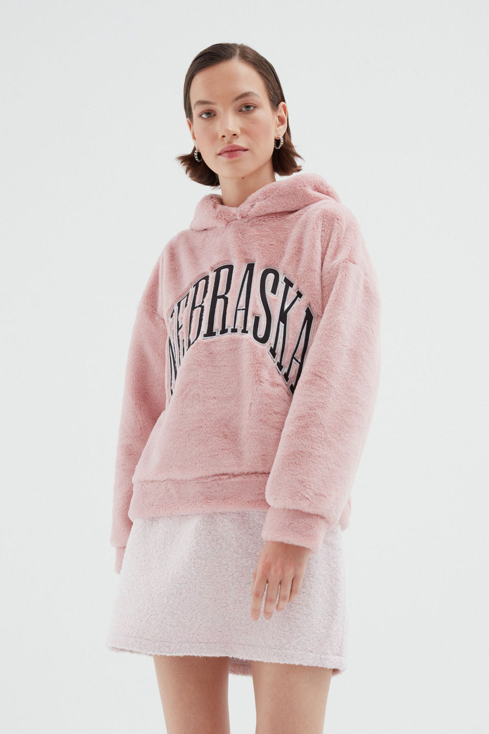 Kapüşonlu Peluş Sweatshirt Pembe