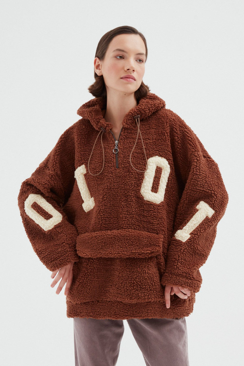 Kangaroo Pocket Plush Sweatshirt Brown