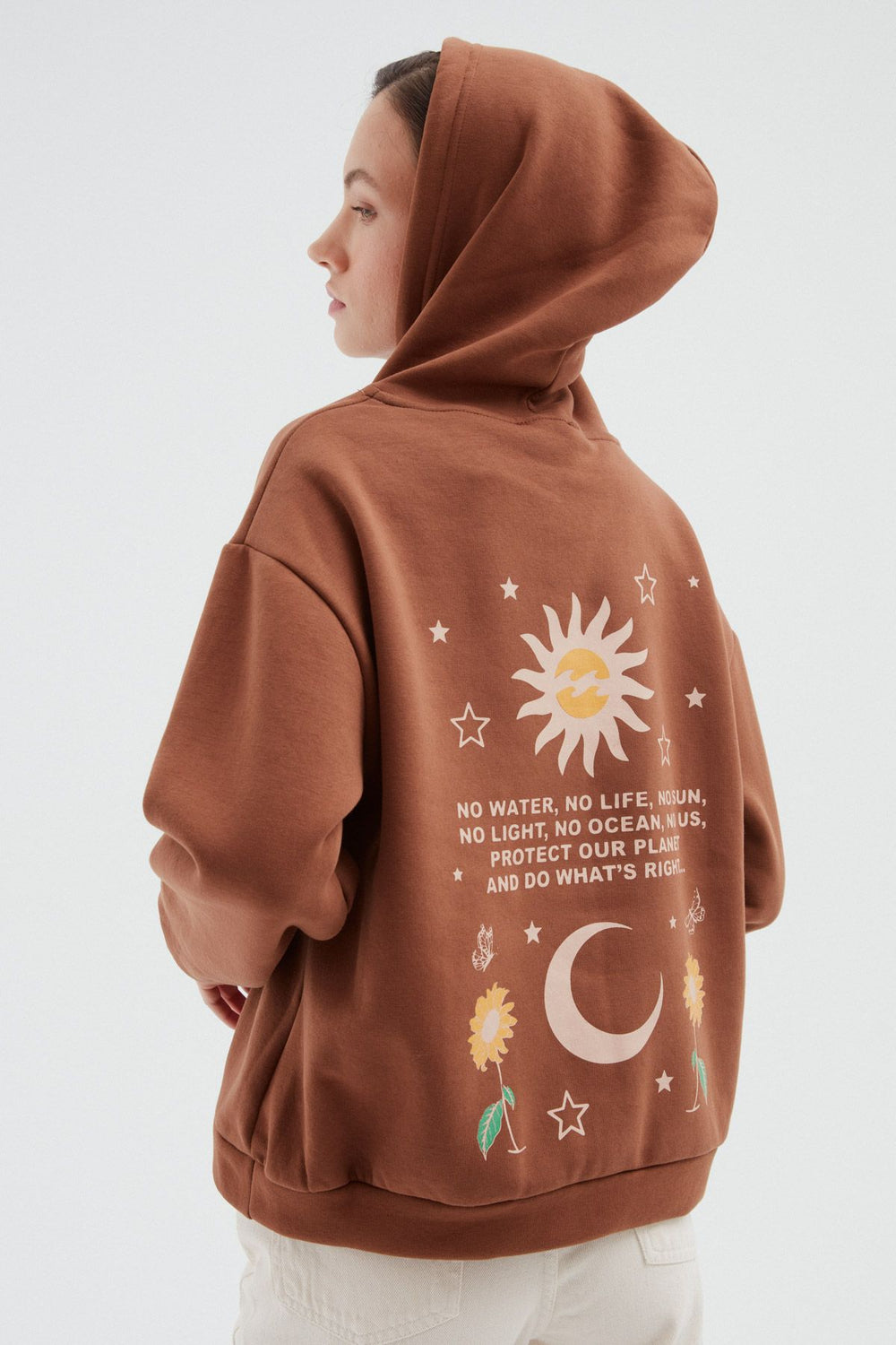 Kapüşonlu Baskılı Sweatshirt Kahverengi