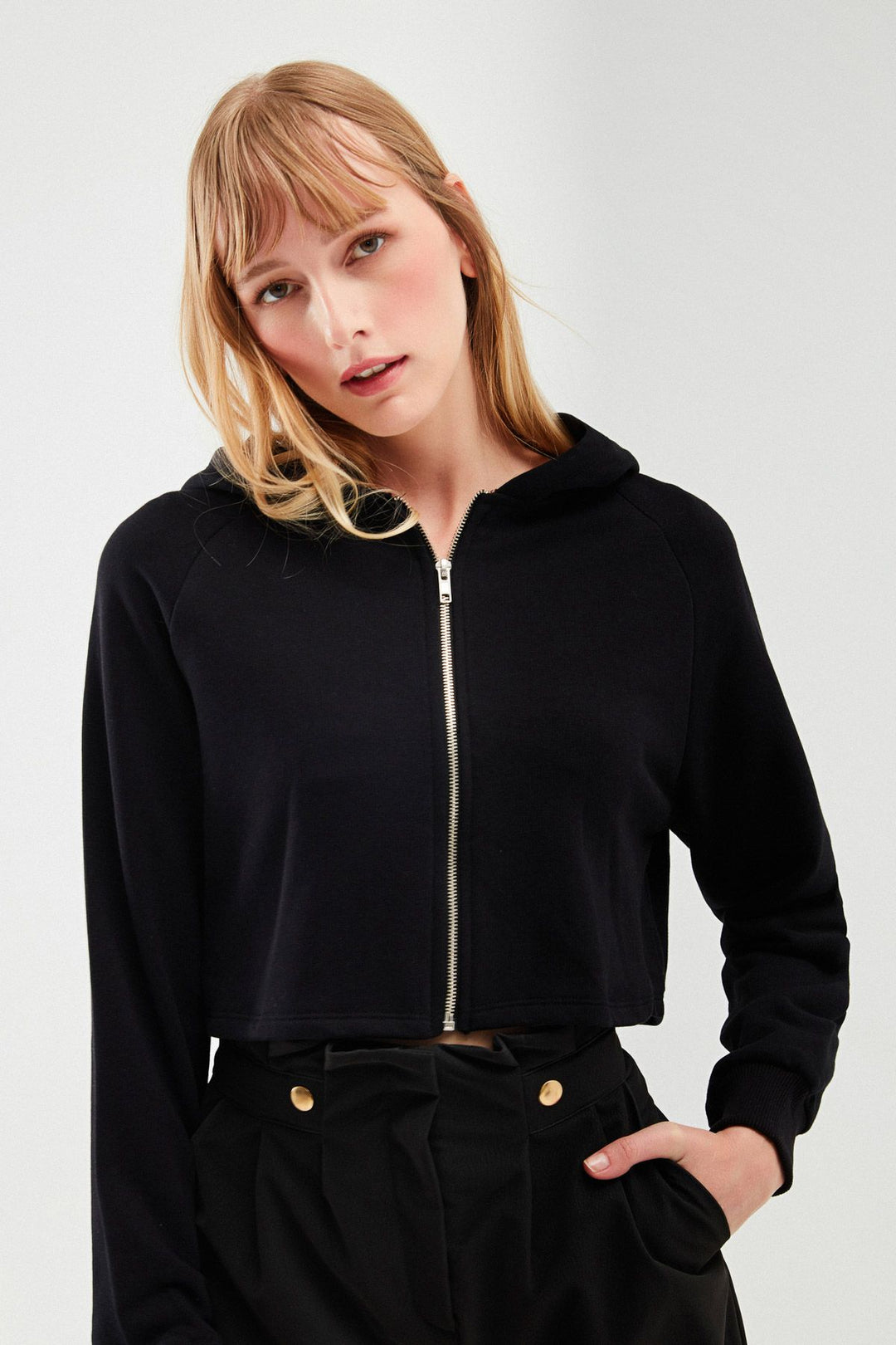 Zippered Crop Sweatshirt Black