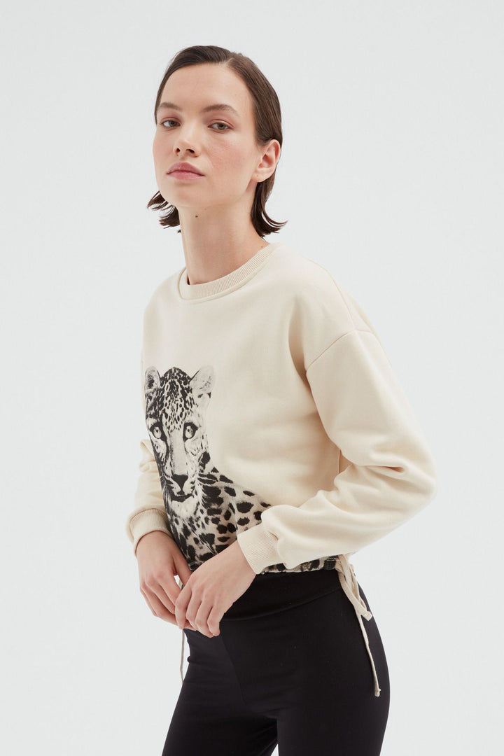 Baskılı Büzgülü Sweatshirt Bej