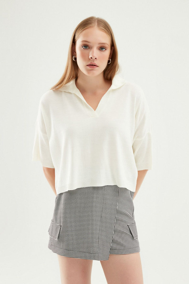 Oversize Polo Yaka Triko Ekru