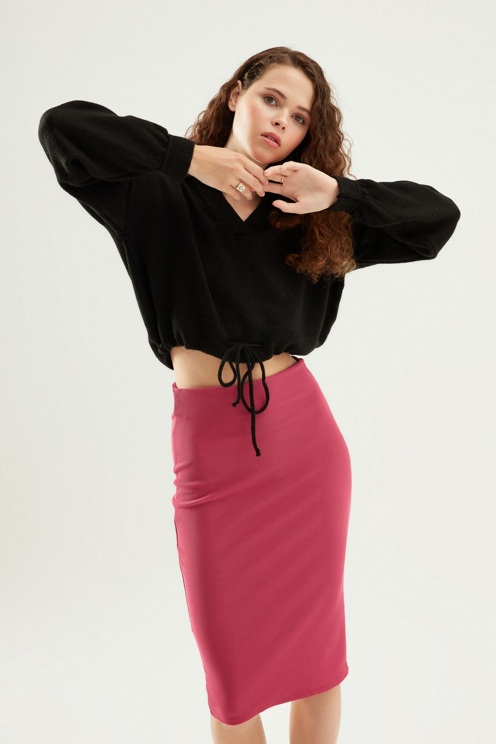 Polo Neck Waist Pleated Knitwear Black