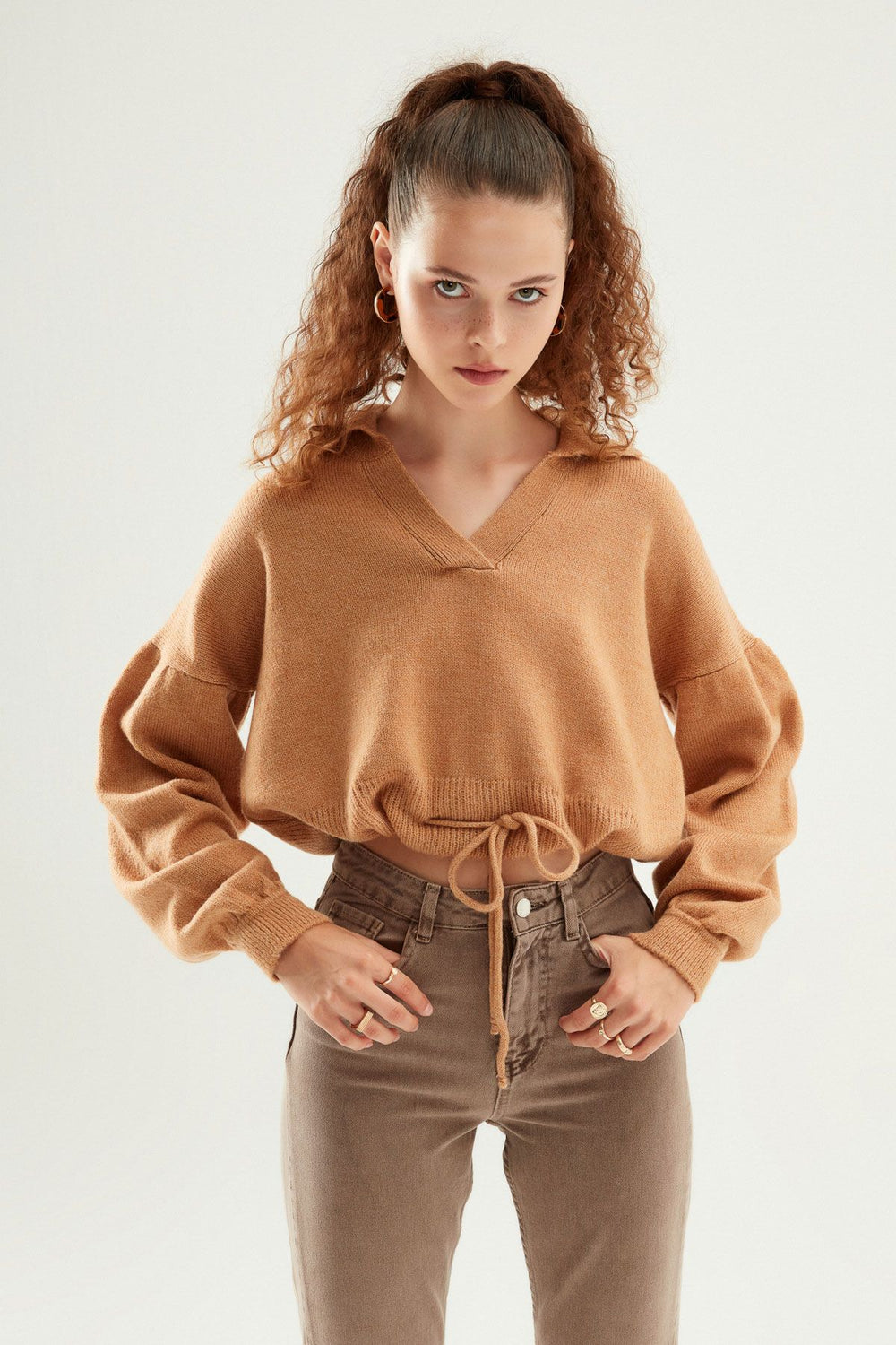 Polo Yaka Beli Büzgülü Triko Camel