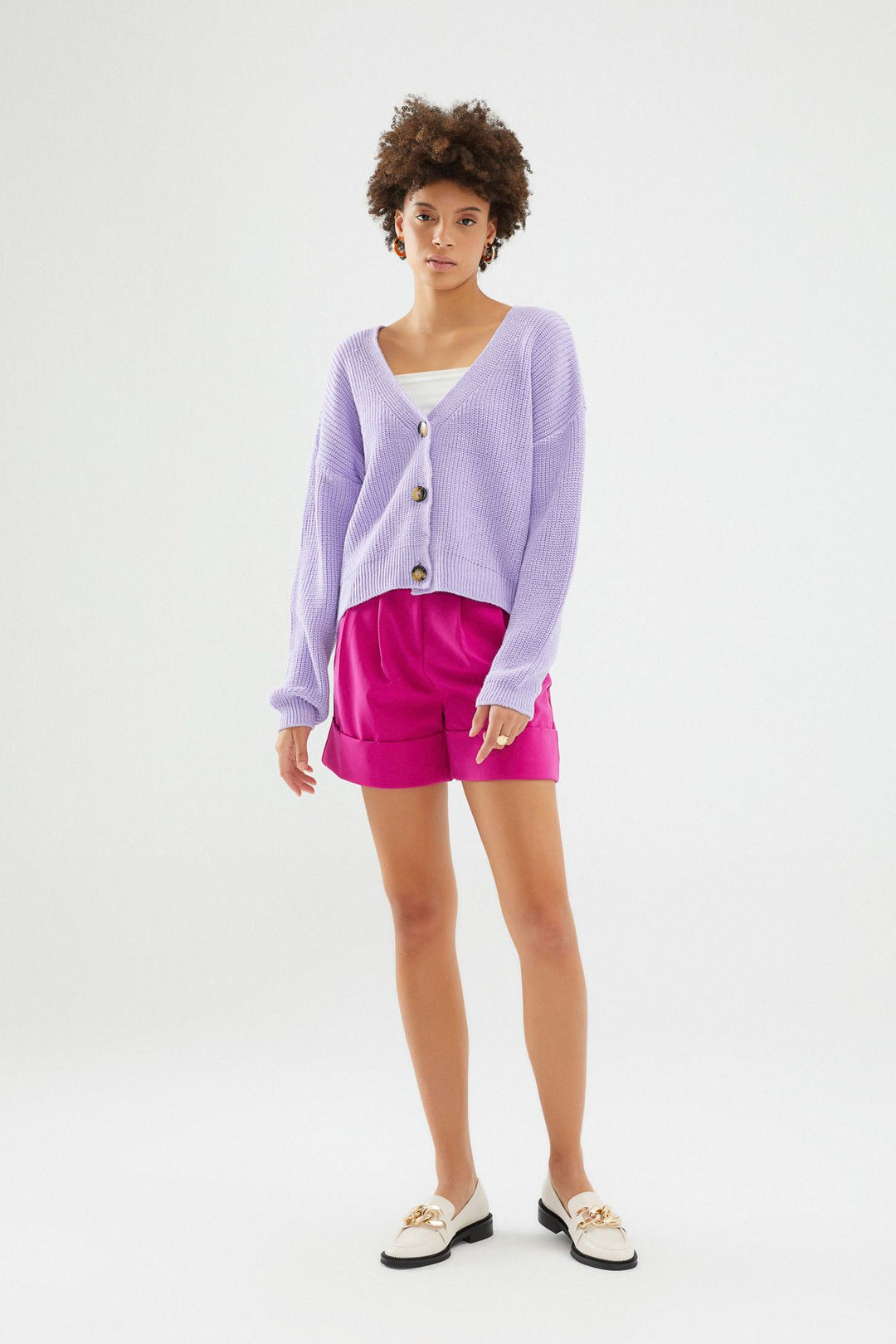 Düğmeli V Hırka Lila