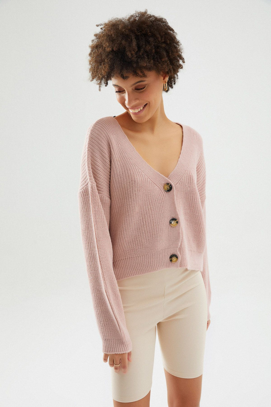 Düğmeli V Hırka Koyu Pudra