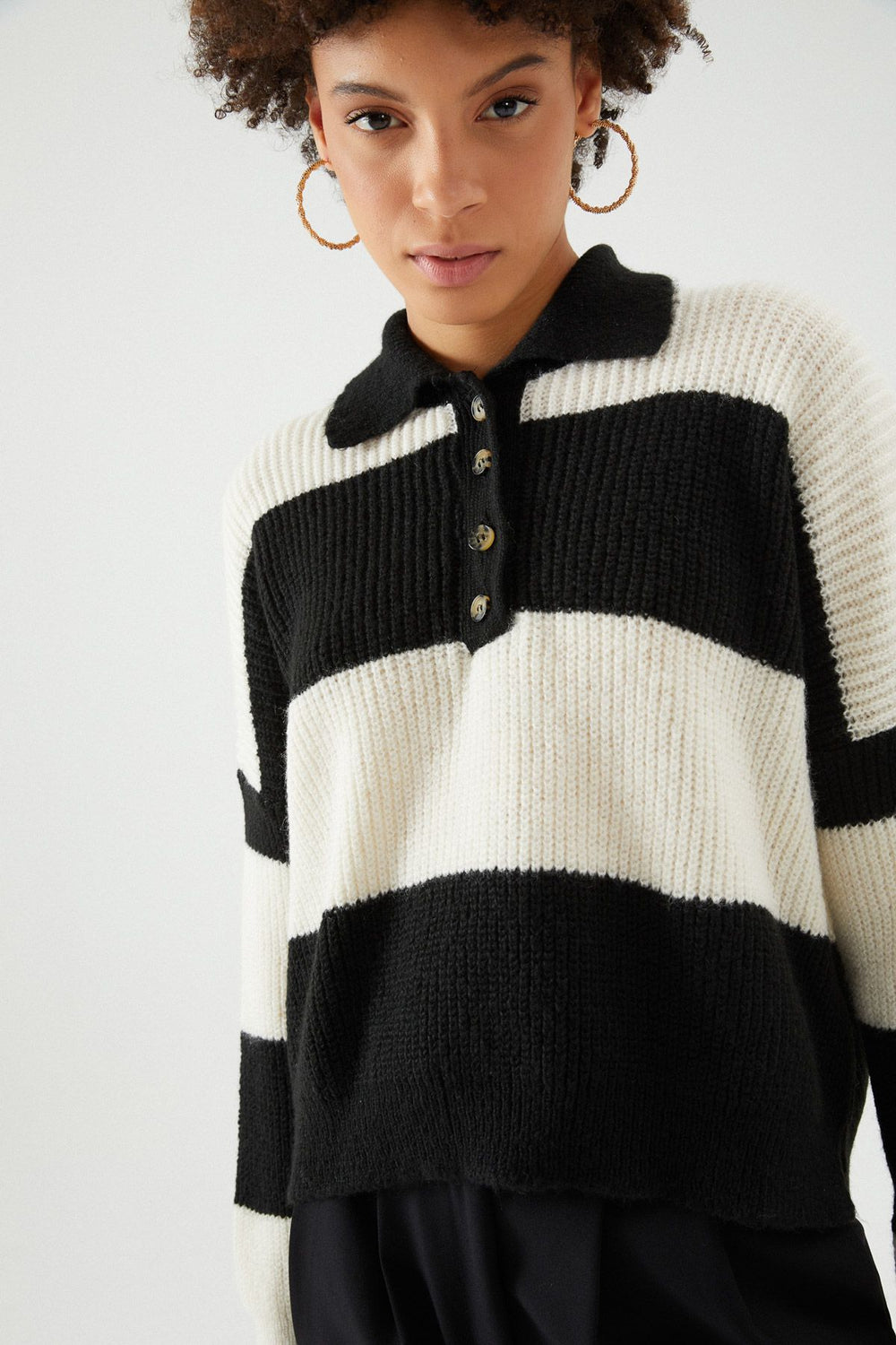 Polo Neck Striped Sweater Black