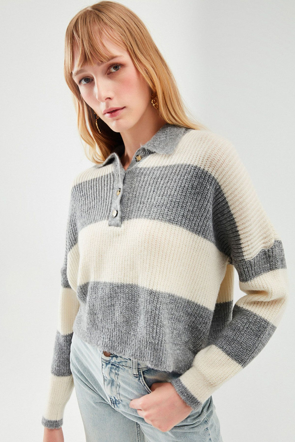 Polo Neck Striped Pullover Gray