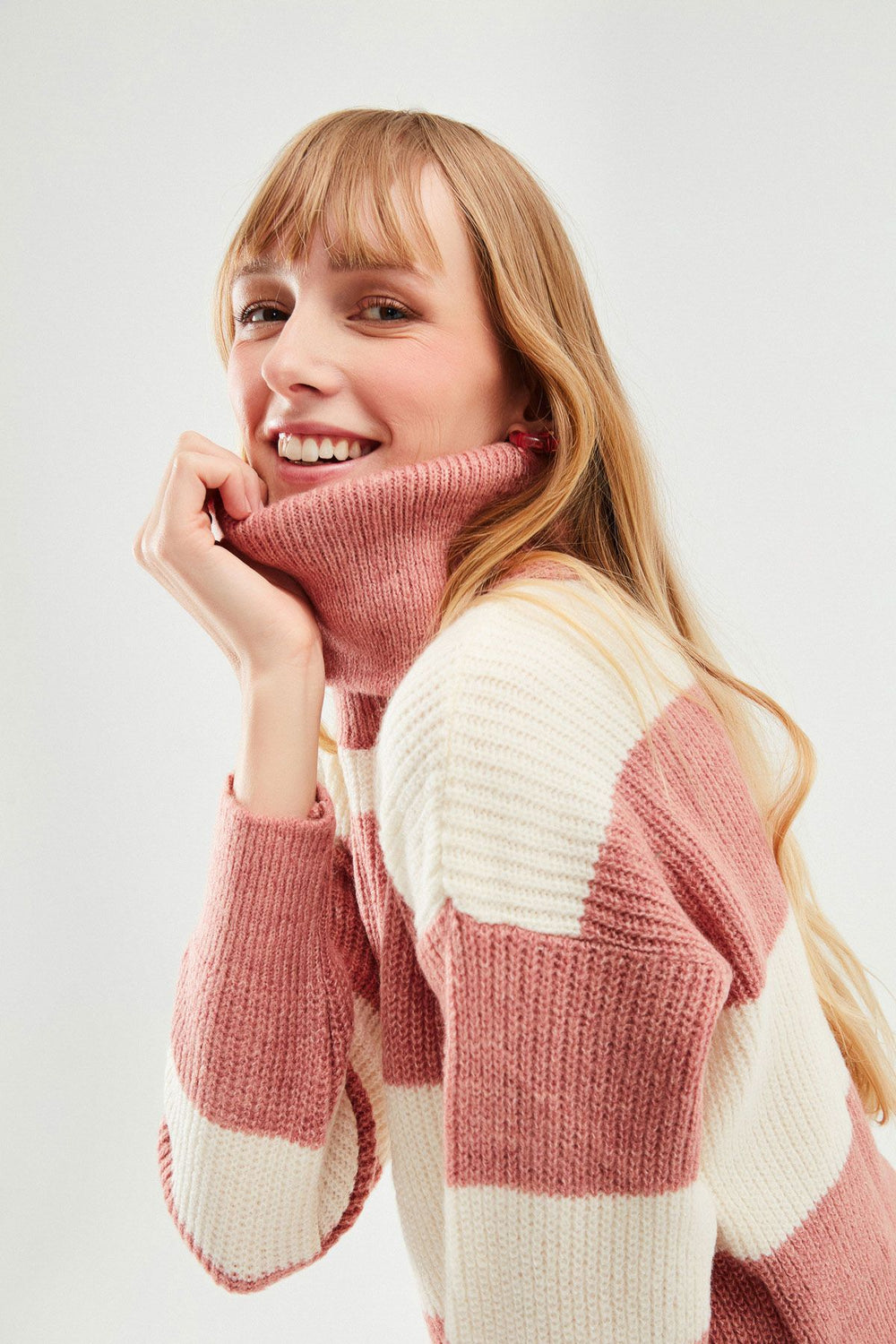 Çizgili Triko Kazak Koyu Pudra