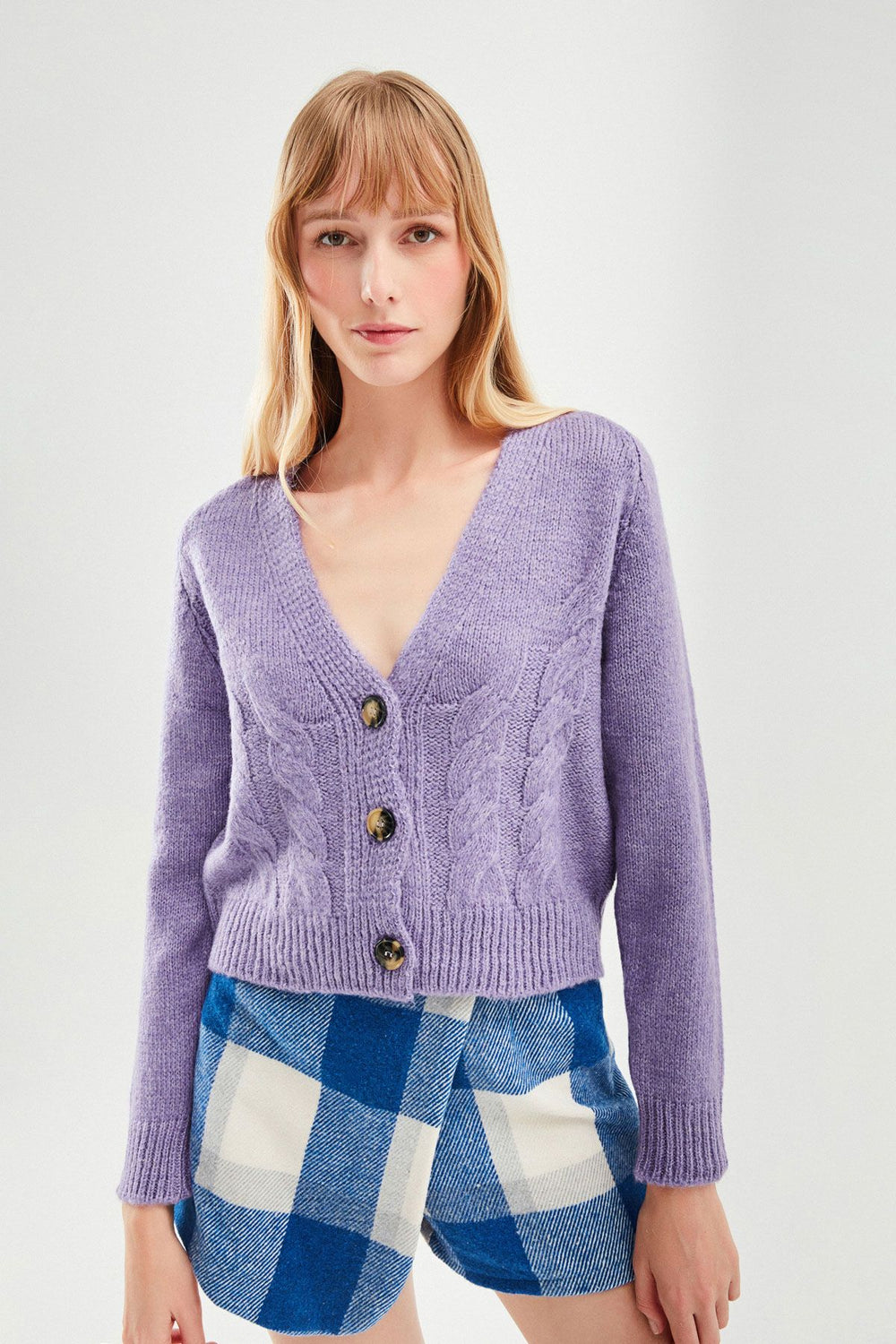 Örgü Detay Düğmeli Hırka Lila