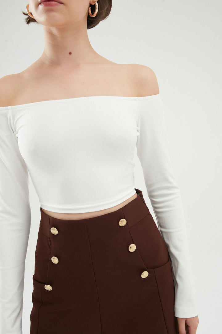 Zincirli Crop Bluz Beyaz
