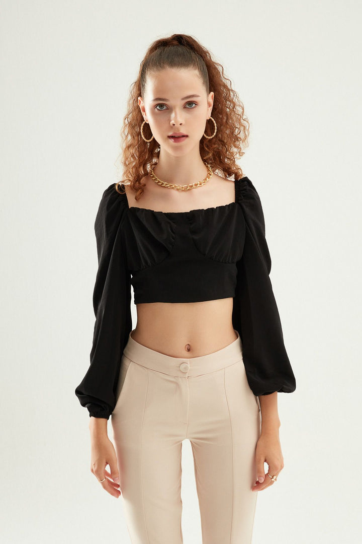 Bağlamalı Crop Bluz Siyah