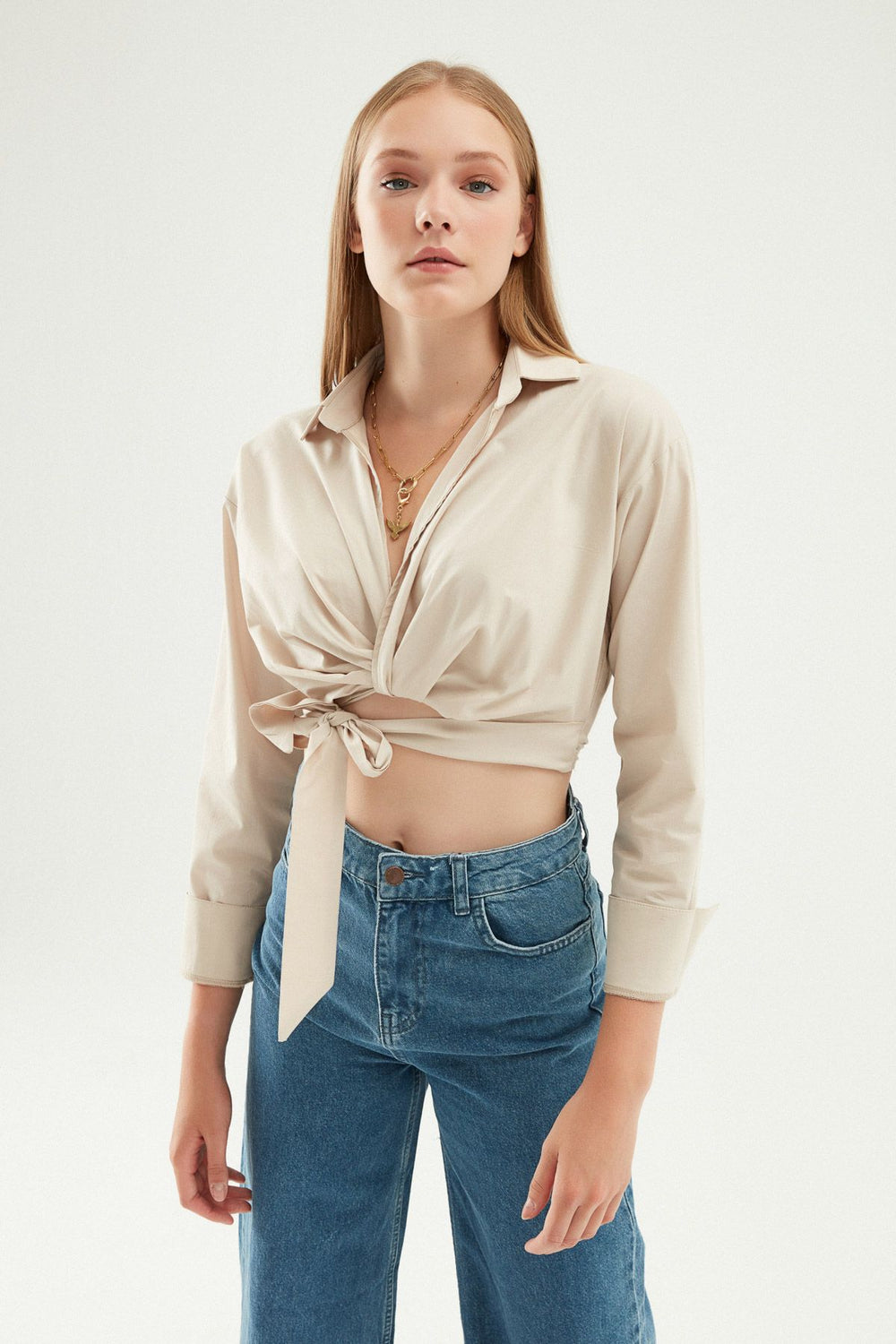 Tie Front Crop Shirt Stone