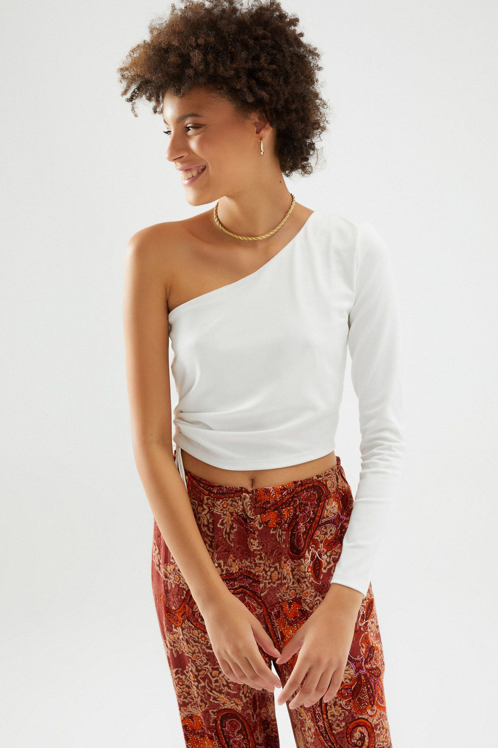 Pleated One Sleeve Blouse White