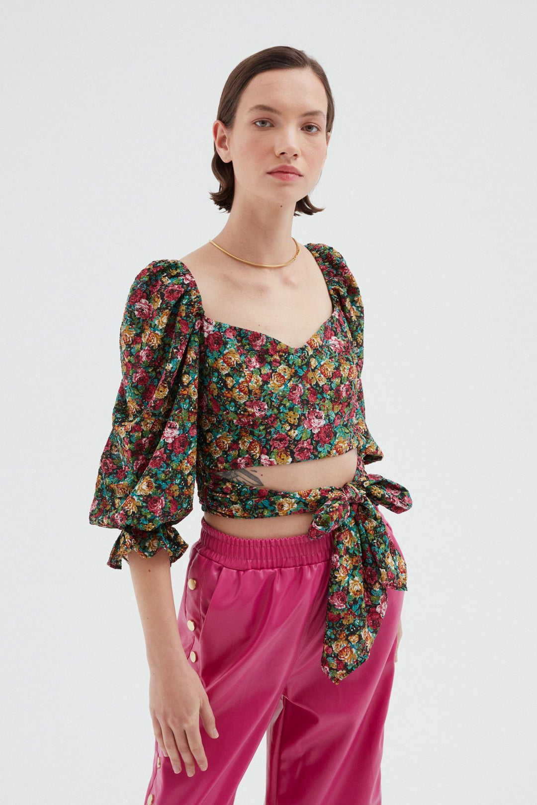 Balloon Sleeve Crop Blouse Green