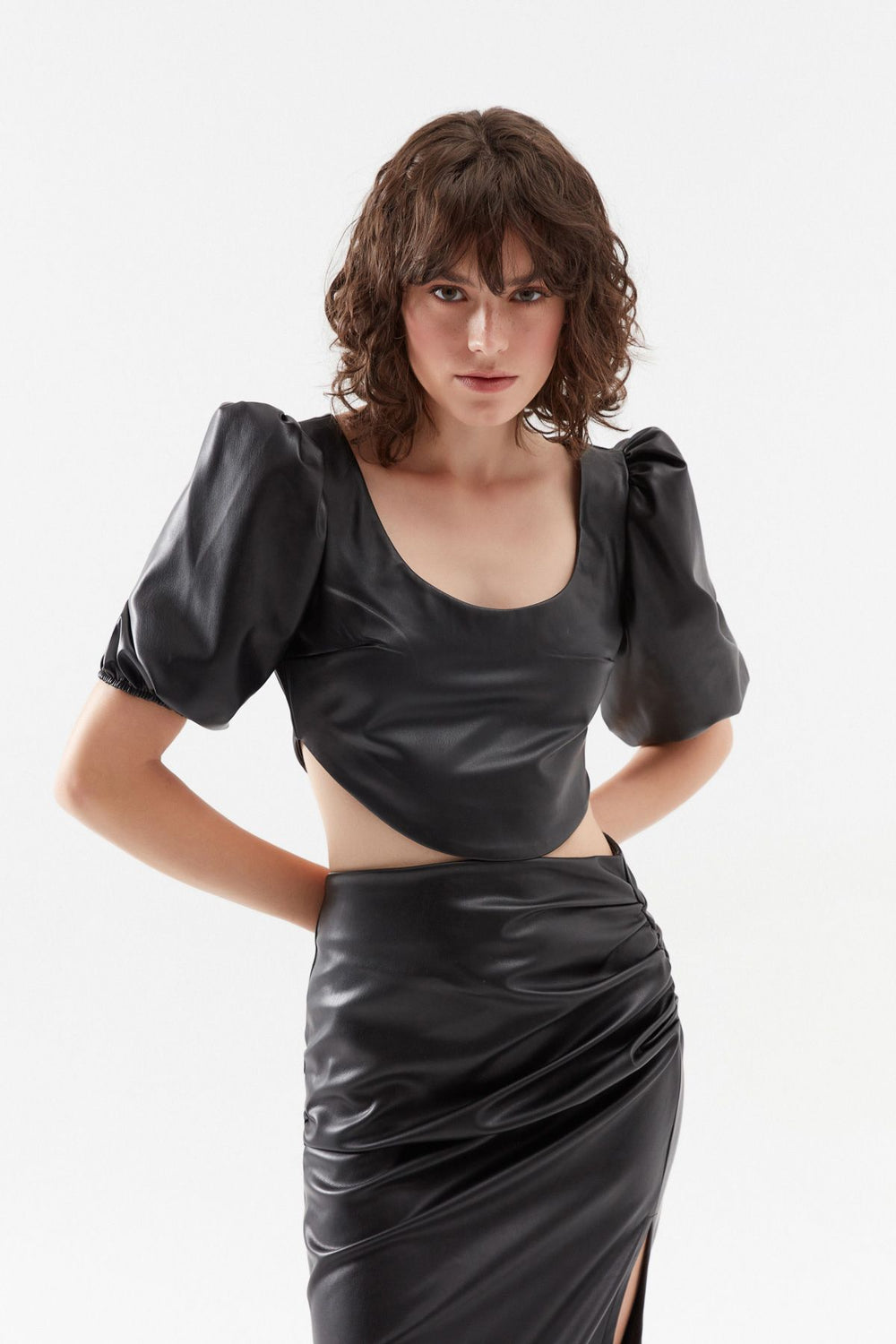 Deri Balon Kol Bluz Siyah