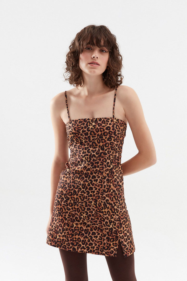 Leopard Strap Mini Dress Brown