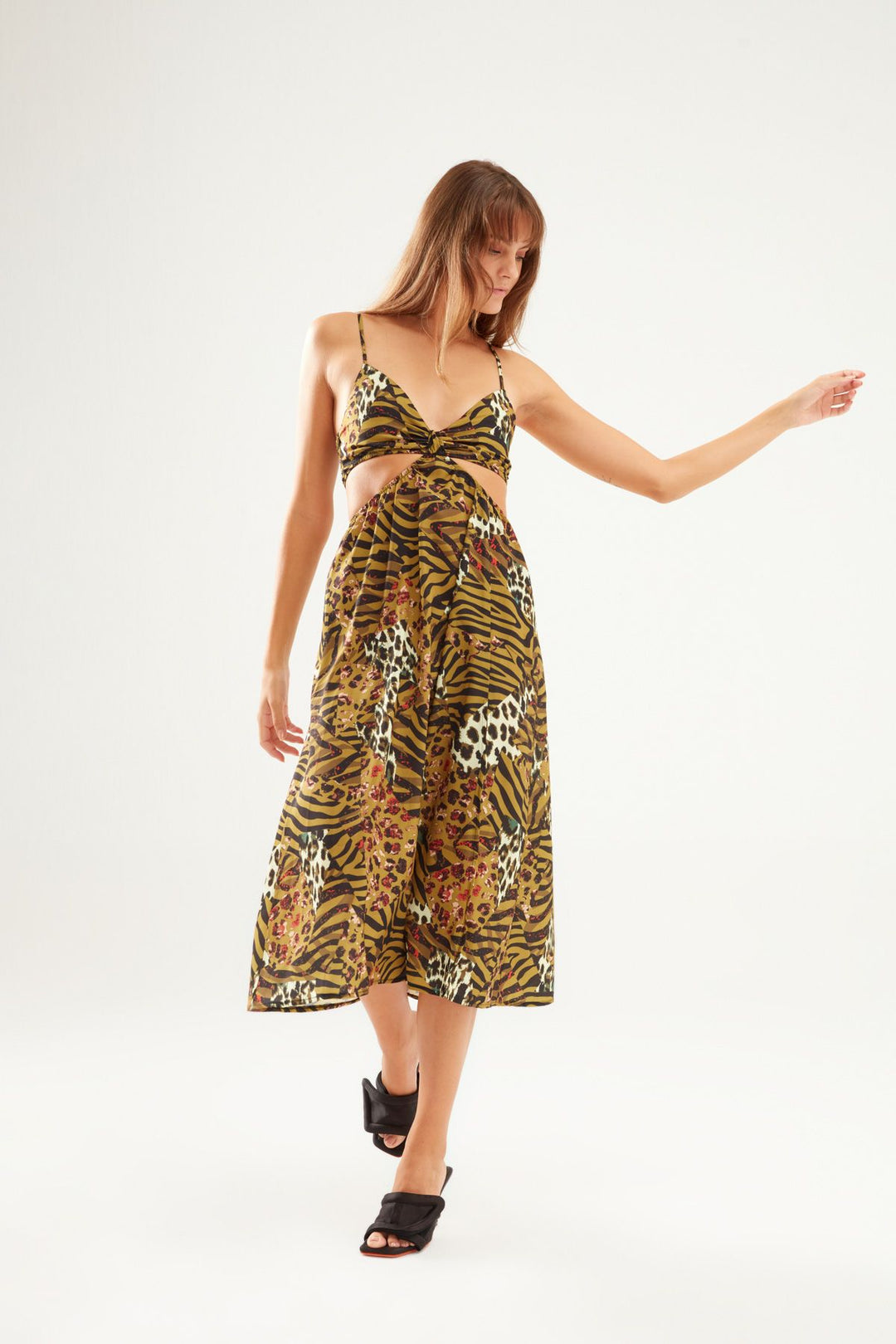 Patterned Cut Out Dress Brown