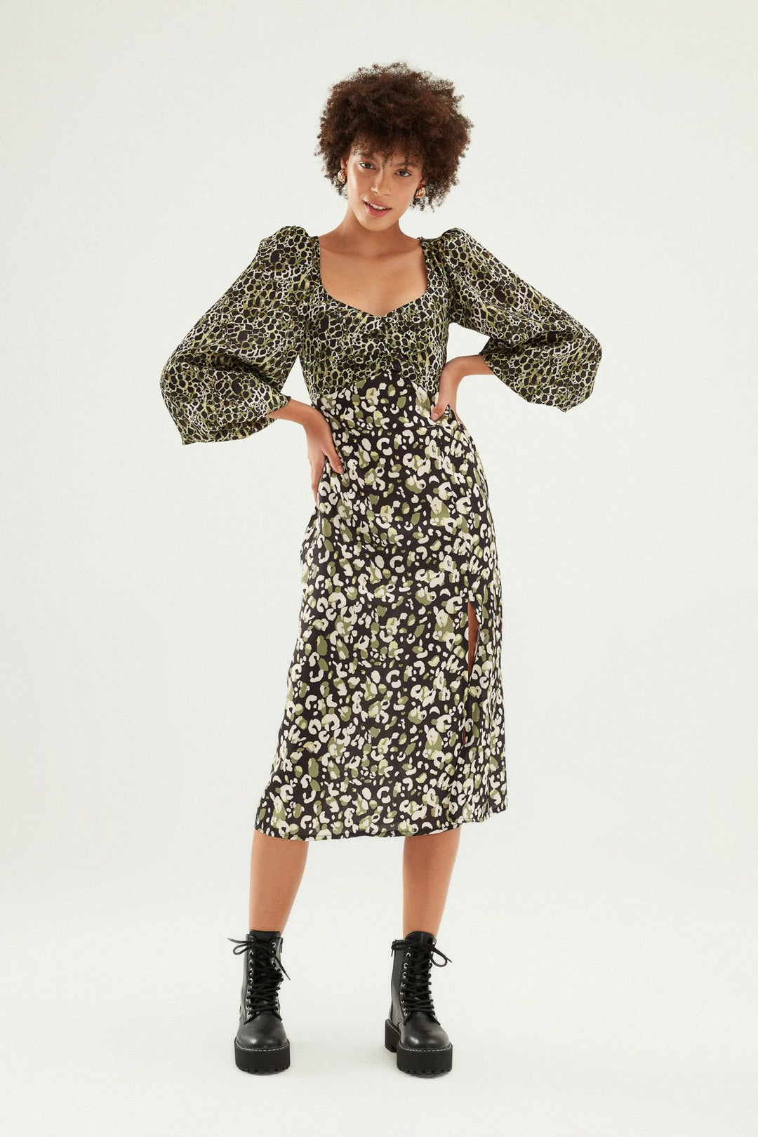 Balloon Sleeve Slit Satin Dress Green